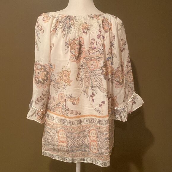 New Direction Blouse Size Large Floral Bell Sleeve Gathered Neck - Picture 6 of 11